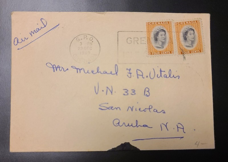 Grenada Cover to Aruba 1960 QEII Four Cents 4c Caribbean West Indies 2 Stamps 