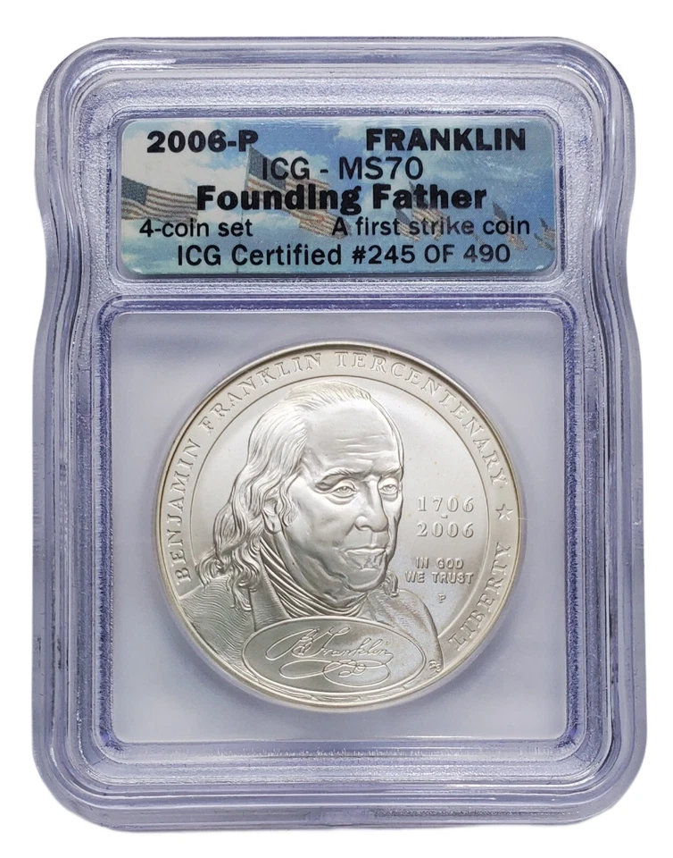 2006 P Fugio ICG MS70 Ben Franklin Founding Father .900 Silver Dollar PM0055 - Image 3 of 4