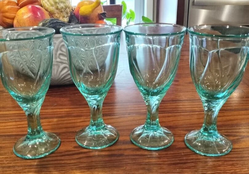 FOUR Vintage Noritake Aquamarine Teal "Sweet Swirl" Aqua Glass Goblets (45A)