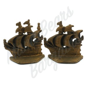 Antique-Vintage-Small-4-25-Inch-Brass-Cast-Iron-Sailing-Ship-Set-Of-Bookends