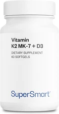 Supersmart Vitamin K2 MK7 + D3 (Menaquinone 7), 90 Mcg, Non-Gmo, 60 Softgels