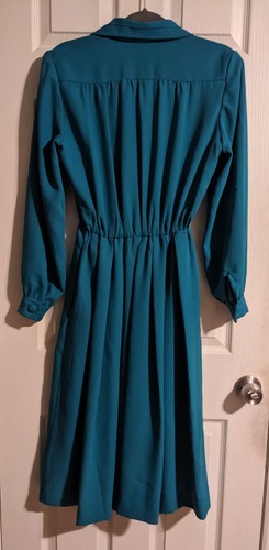 Vintage Long Sleeve Dress S Teal Green Collared Pleated Retro - Picture 4 of 5