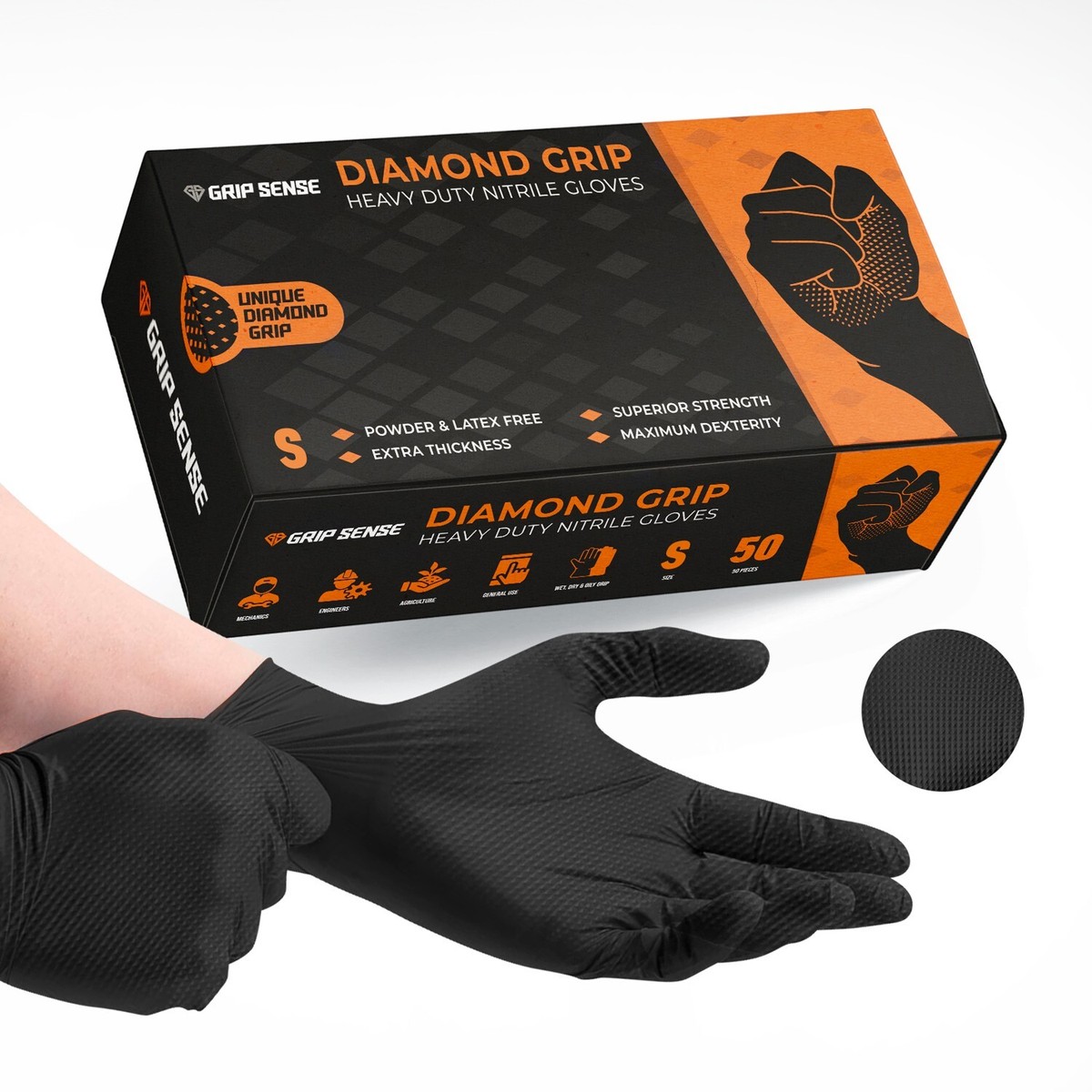 GripSense Guanti Nitrile L (Confezione da 100) - Guanti in Nitrile Arancioni Trama Diamantata - Guanti Monouso Senza Lattice né Polvere - Guanti Meccanico Spessi Resistenti - Massima Sensibilità L5