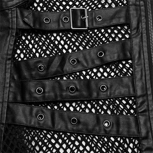 PUNK RAVE Men Black Gothic Punk Handsome Mesh Leather Loop Hollow Vest Waistcoat - Picture 6 of 21