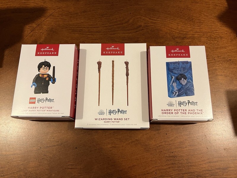 Lot Of 3 NEW Hallmark Harry Potter 2022 Ornaments- Lego, Wands & Book