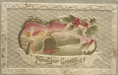Antique New Year Postcard Heavily Embossed Bell Holly Leaves Henry Samson USA