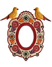 Tin MIRROR with BIRDS, Hand Painted Frame, Mexican Punched Tin, Oval Mirror 13"