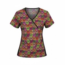 Melrose Women s Mock Wrap Scrub Top Size Small Peace Signs Groovy Hippie Colors