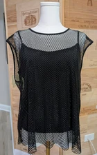 NWT Donna Karan Black Mesh Sequin Top Tank Oversized Layering Tunic Blouse Sz. L