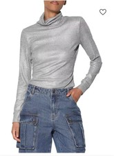 Walter Baker Evanna Ribbed Metallic Silk-Blend Turtleneck Top Silver Size S NEW
