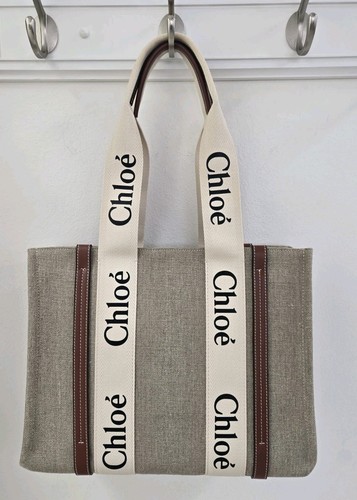 New Chloé Chloe Woody Medium Linen Tote - White Brown