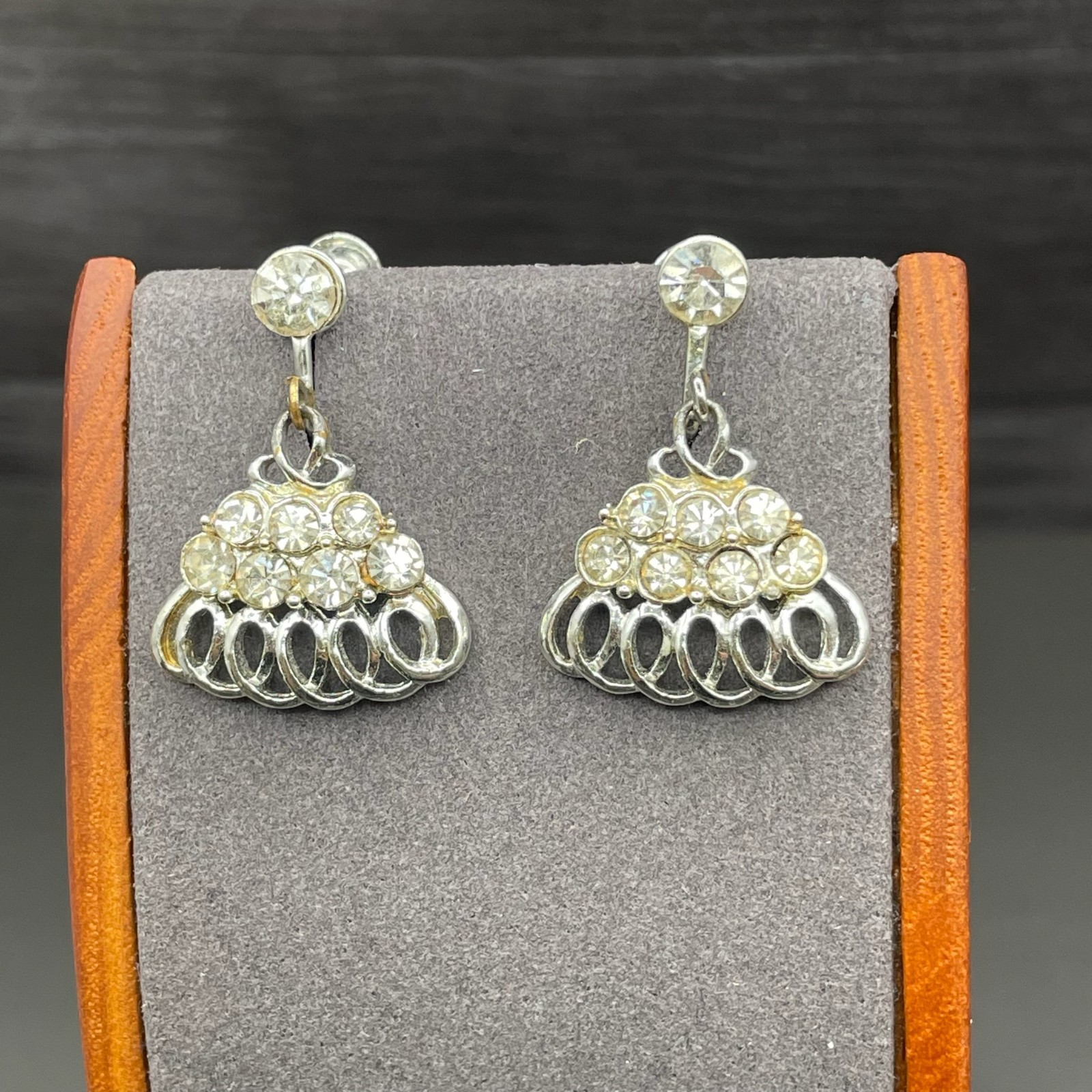 Silver Tone Rhinestone Loop Fan Dangle Earrings V… - image 5