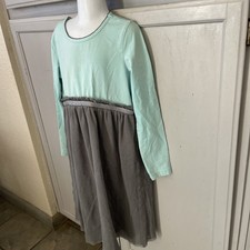 Hanna Andersson Tulle Dress Girls Size 130  8/10 Teal Green Long Sleeves Cotton