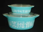 PYREX - 4 pc. White on Turquoise BUTTERPRINT Cinderella Casserole, Lid Set