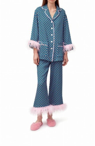 Sleeper Party Ostrich Feather-Trim Pink Blue Argyle Pajama Shirt Medium Top Only
