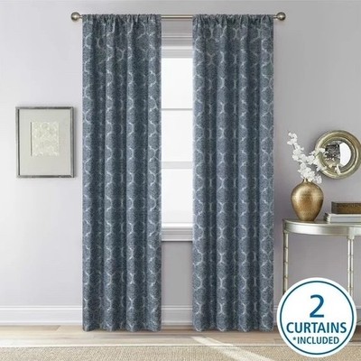New (2 pack) Mainstays Jacquard Blackout Panel Pair, 2 Curtains Set, Blue Ogee