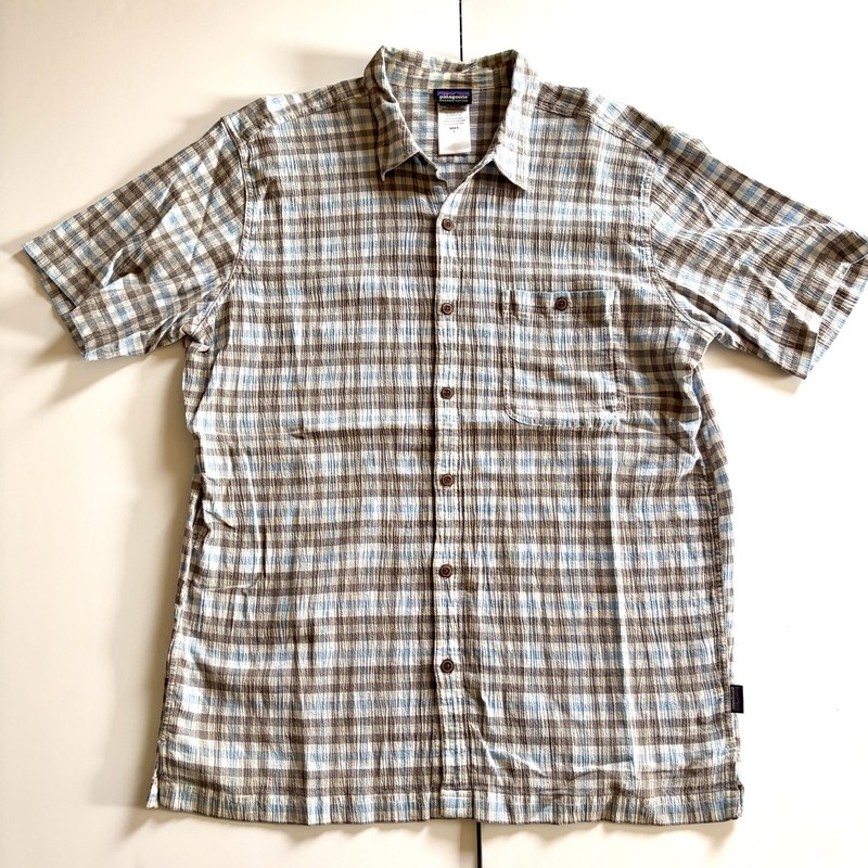 Patagonia Button Up Shirt Mens Large Organic Cotton Blue  Short Sleeve Plaid