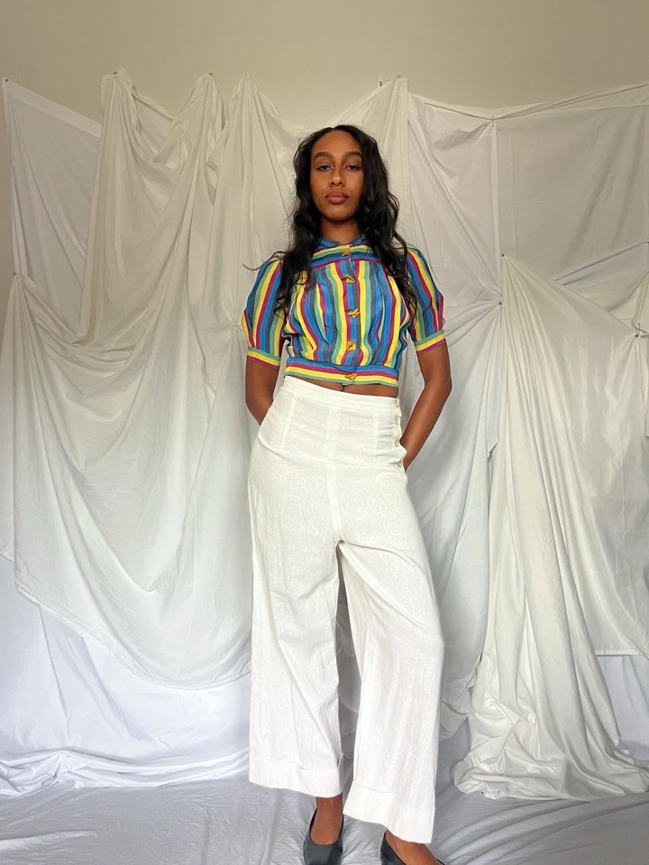 Blusa vintage años 30 rayas multicolores botones de plástico estilo Art Deco Top Foto 2 de 3