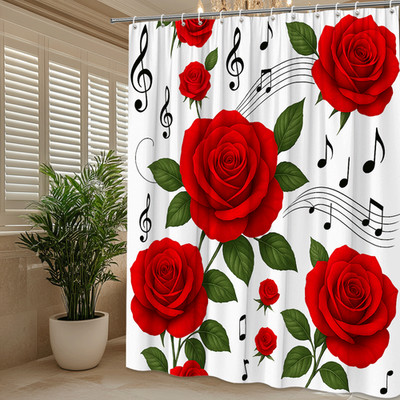 Red Rose Shower Curtain with Musical Notes, Floral Design