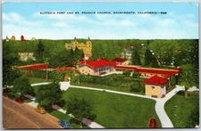 Sacramento California CA, Sutters Fort & St. Francis Churchs, Gardens, Postcard