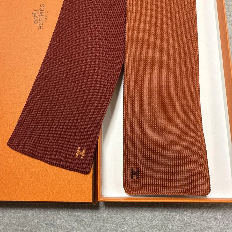 Hermes Orange Silk Knit Tie 4-Way H Pattern Used Good Condition - Image 4 of 4