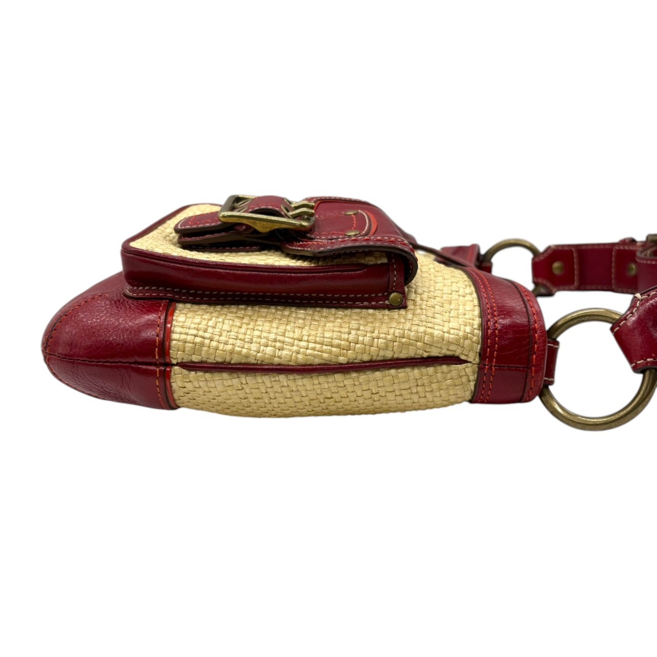 Authentic COACH Straw Leather Shoulder Handbag Beige Red Summer Gold HW P thumbnail 8