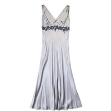 Newport News Dress Womens 4 Silver Silk Maxi V Neck Embroidered Formal Gown