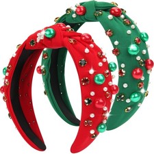 2 PCS Christmas Headbands For Women Red Green Pearl Rhinestone Wide Knot Band