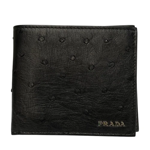 Portefeuille compact PRADA double pli mini logo cuir d'autruche noir