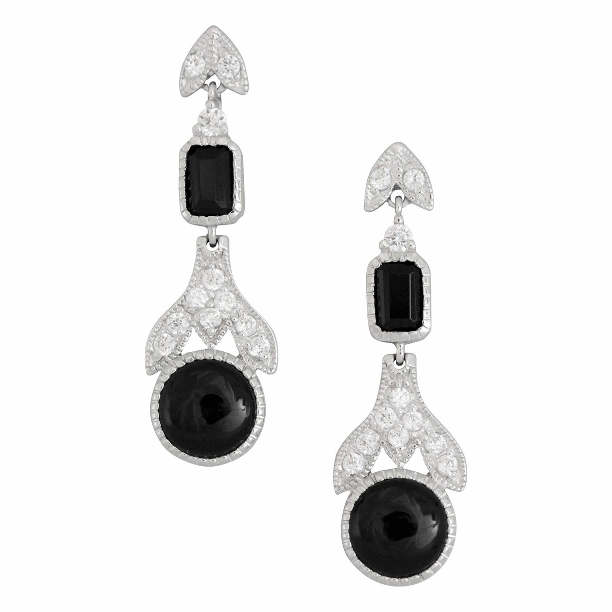 Sterling Silver 925 Art Deco Style Black Onyx & CZ Drop Earrings 