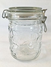 Specialty Embossed Leaves Glass Jar w/Glass Lid Metal Clamp 24 Oz.
