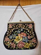 Vtg Needlepoint Floral Embroidered Tapestry Evening Purse Goldtone Frame-B7-READ