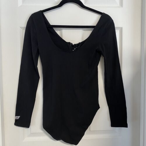 NWT Pink Victoria’s Secret black long sleeve laceup bodysuit small s/p - Picture 3 of 5