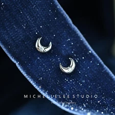 Tiny Crescent Moon Sterling Silver Stud Earrings with Crystal Star