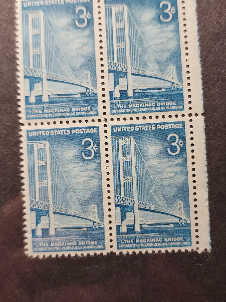 1958 Mackinac Bridge Plate Block of 4 3c Postage Stamps Sc# 1109 Unused - #B55 - Image 3 of 3