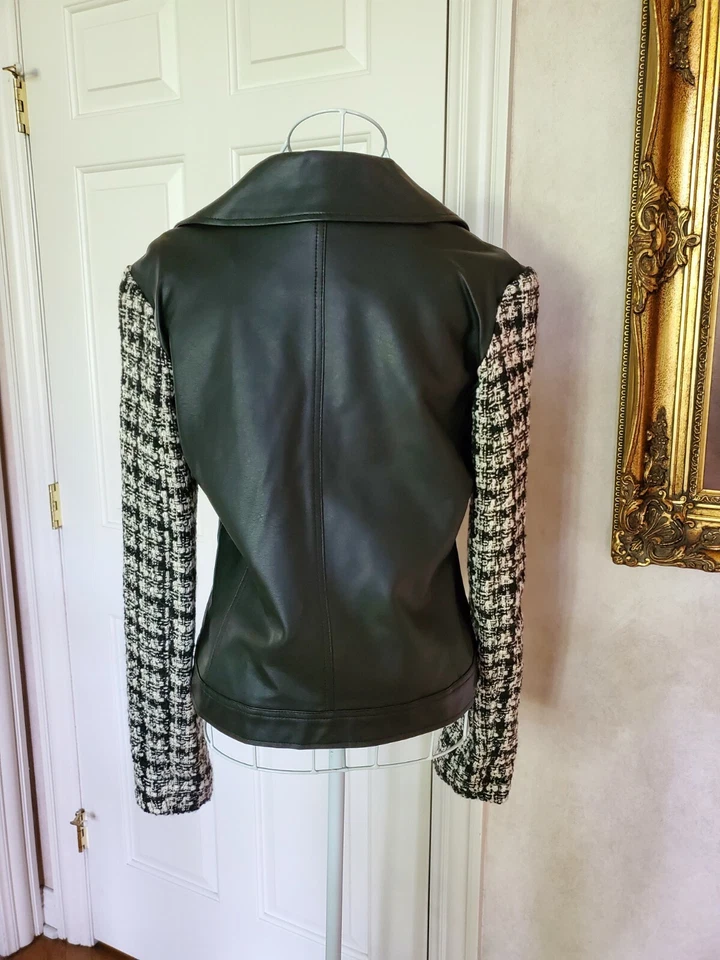 NUEVA Chaqueta Motociclista Nueva York y COMPAÑÍA Cuero Sintético y Tweed Cremallera Talla S Foto 3 de 4