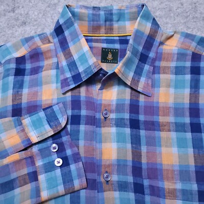 ROBERT TALBOTT MENS SHIRT L LINEN BLUE ORANGE GREEN PLAID CHECK