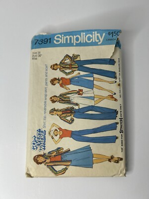 SIMPLICITY RETRO PATTERN 7391 GO EVERYWHERE 1976 SIZE 14 MISS SKIRT PANTS SCARF