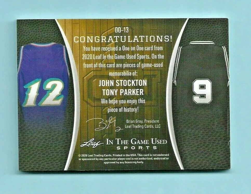 2020 John Stockton Tony Parker Leaf ITG 1 on 1 Dual JERSEY Card