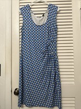 Ann Taylor Womans Sz 8 Blue Geometric Ruched Sleeveless Sheath Midi Dress Lg Zip