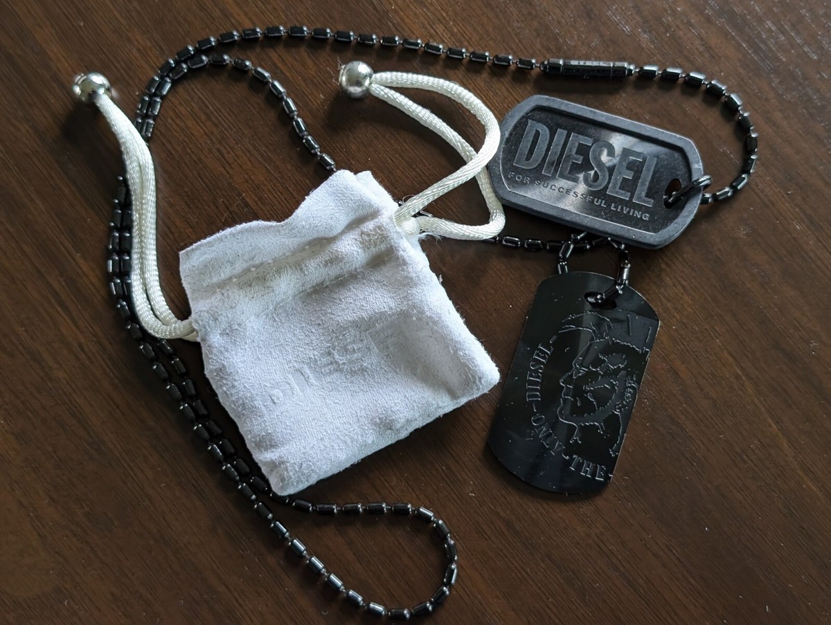 Diesel Men's Black Dog Tags W/Chain Necklace & White
