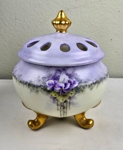 Antique Vtg Prussia Hand Painted Porcelain Potpourri Dresser Jar Violets Flowers