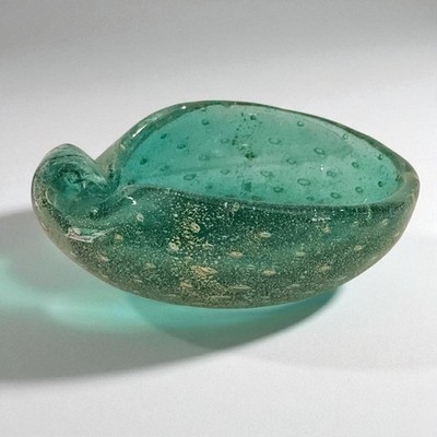 Venini Scarpa Murano Turquoise Bullicante With Gold Infusion Art Glass Bowl