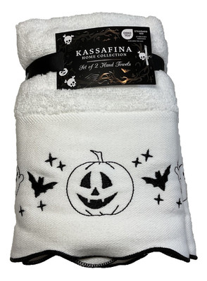 KASSAFINA HAND TOWELS (2) WHITE BLACK  JACK O LANTERNS 18 X 28 100% Cotton NWT