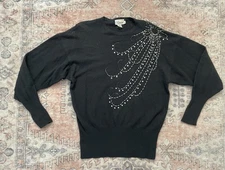 Rimini VTG 80s Chic Glam Black Beaded Wool Angora Knit Sweater Womens Large
