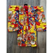 Vintage 70s Handmade Kimono Robe Japanese Childrens Multicolor Floral Fruit