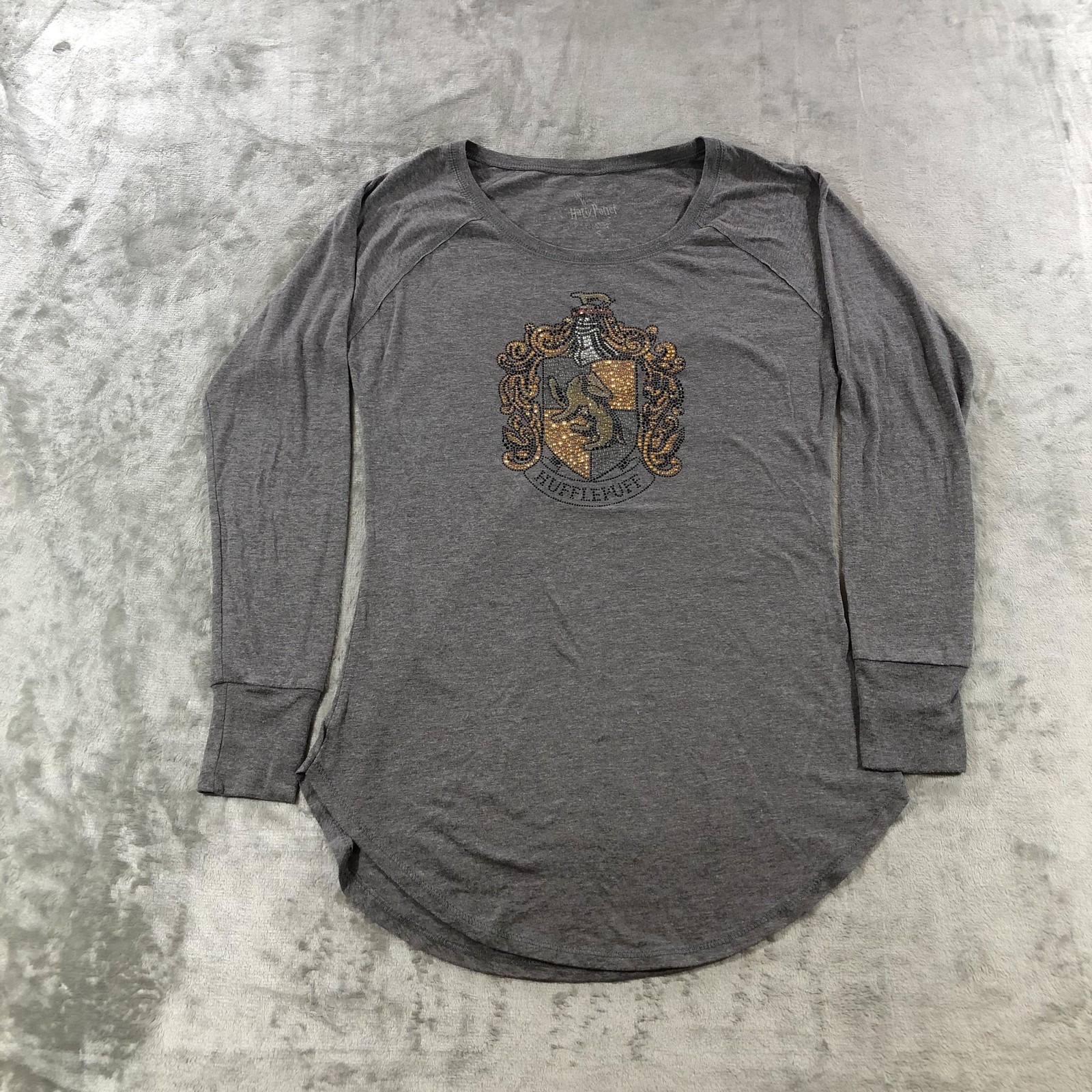 Camisa Harry Potter Hufflepuff Mujer Pequeña Gris Manga Larga Cresta Estrás