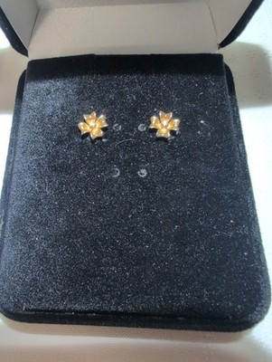 Vintage Ohrstecker 14kt Gelbgold echter Diamant Blume Lilie Stil 1 Rückseite