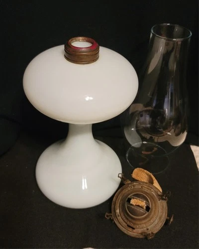 VINTAGE MILK GLASS OIL LAMP WITH BLUE/GREEN HUE