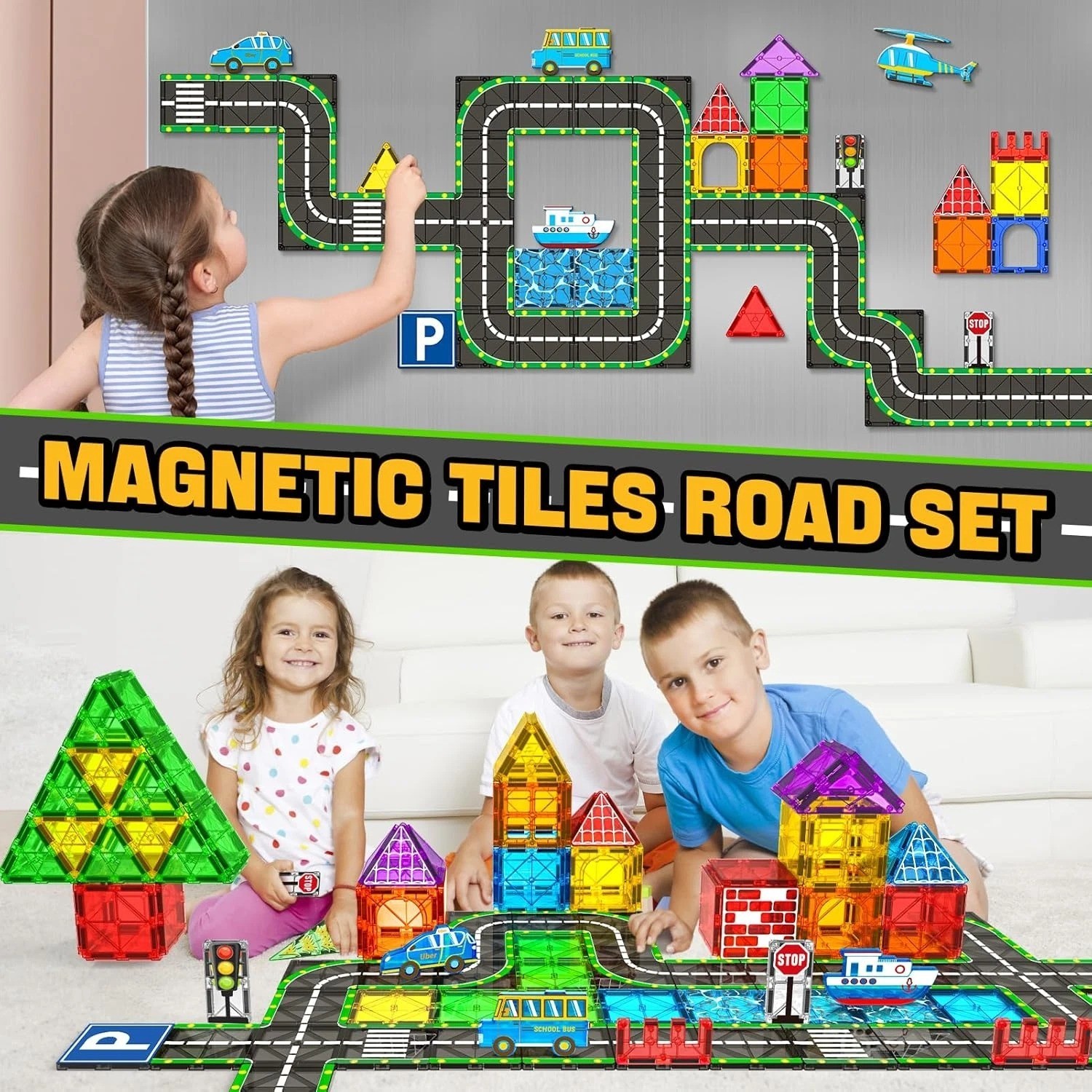 Magnetic Tiles Road Set with Car Magnet Building Tile Toys for Kids Ages 3-5 4-8
